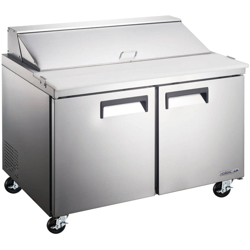 Nordic Air SPT-60-16 60-inch two door stainless steel refrigerated sandwich prep table with lid closed, on casters