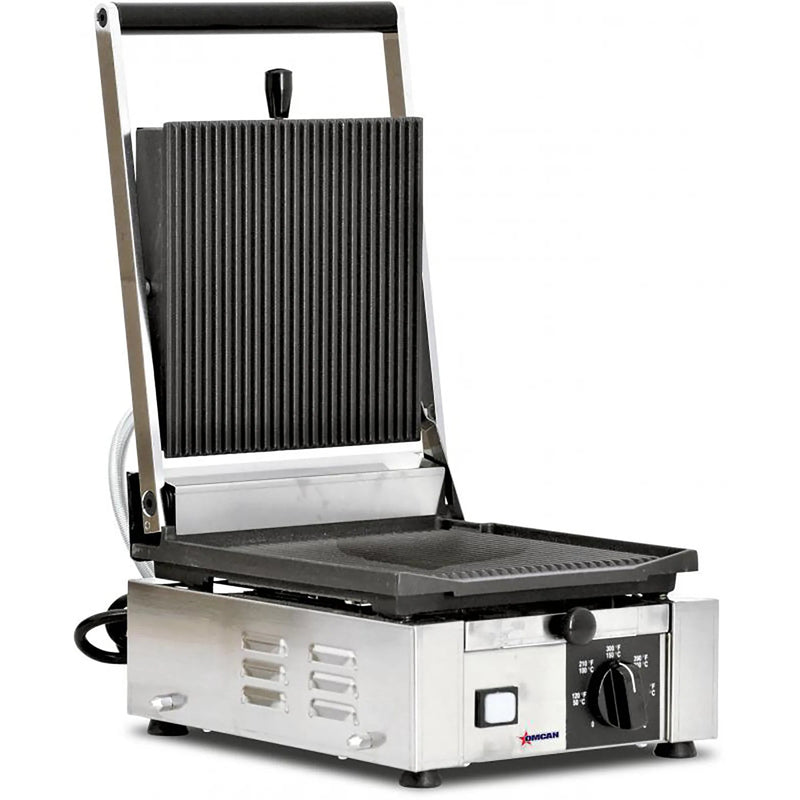 Omcan 11375 Elite Series single small 10 x 9 inch panini grill, 110V, ribbed top and ribbed bottom plates, lid open