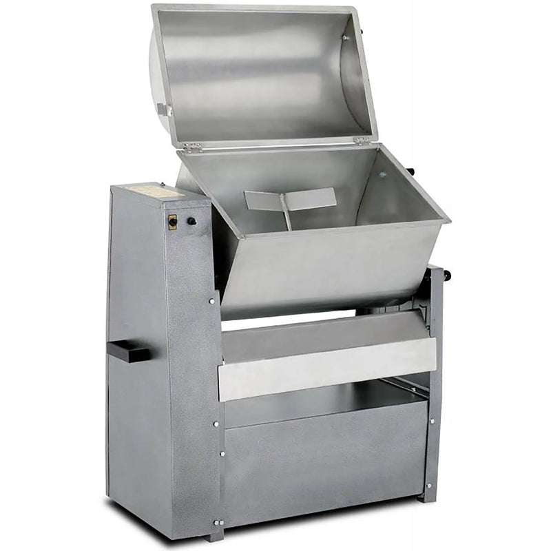 Omcan 13153 stainless steel tilting meat mixer, 110 lb capacity, 0.5HP, 110V, tub tilted forward with lid open