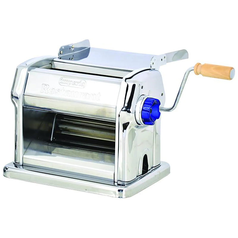 Omcan 13231 manual pasta sheeter in chrome-plated steel with blue thickness knob and wood-grip hand crank