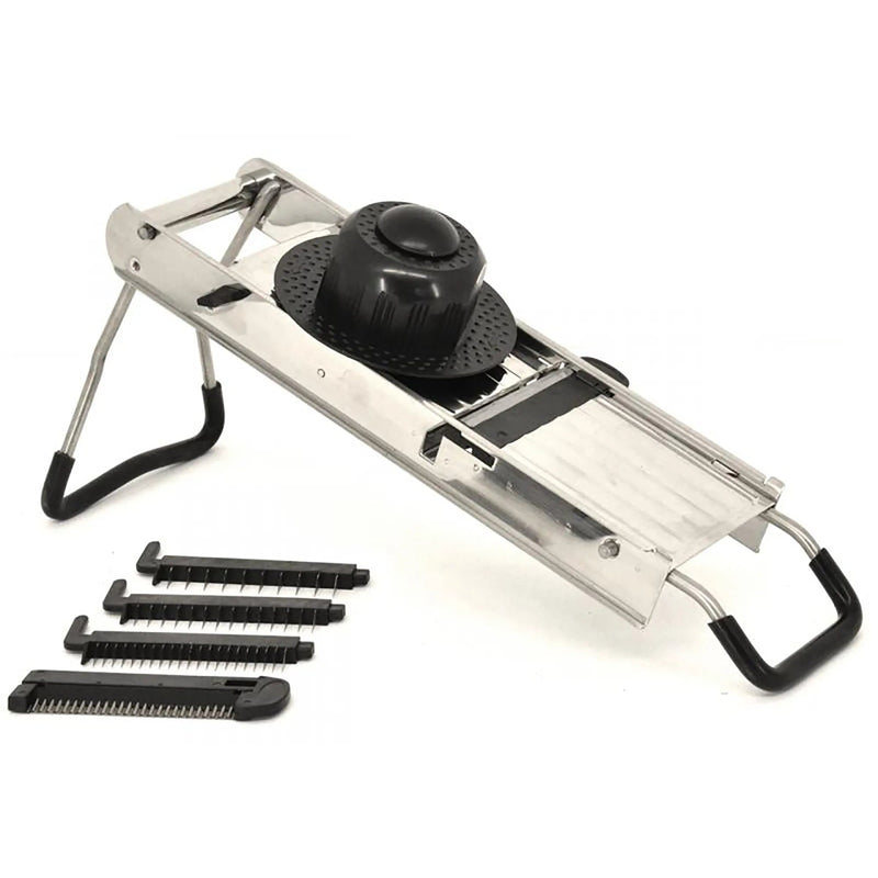 Omcan 13659 stainless steel mandoline slicer set with folding legs, black hand guard and five interchangeable blades