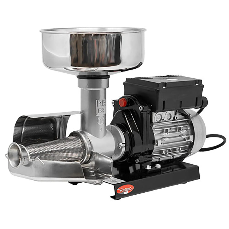 Omcan 18901 heavy duty electric tomato squeezer with stainless steel hopper and black motor, angled front view