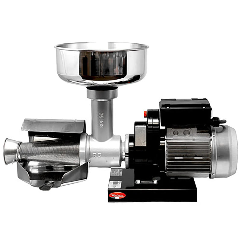Omcan 18903 heavy duty electric tomato squeezer with stainless steel hopper, discharge chute and black motor