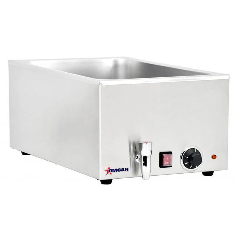 Omcan 19076 stainless steel 1200W electric food warmer with front water drain tap, power switch and dial