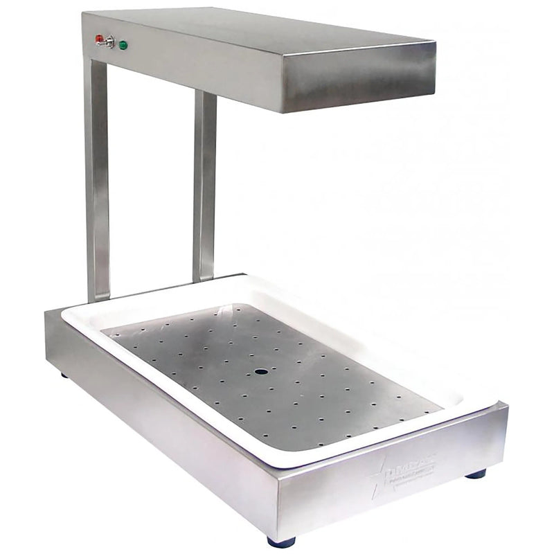 Omcan 23574 countertop chip dump station in stainless steel with overhead heat lamp and empty perforated pan