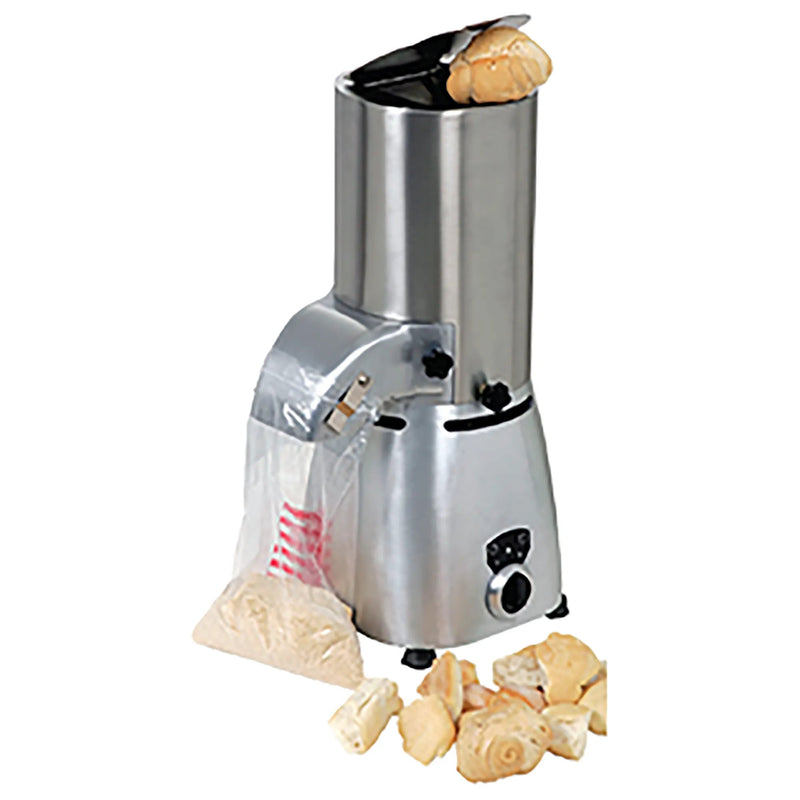 Omcan 23865 bread grater, 1.5 HP, 110V, tall stainless steel hopper holding bread with breadcrumbs shown in front