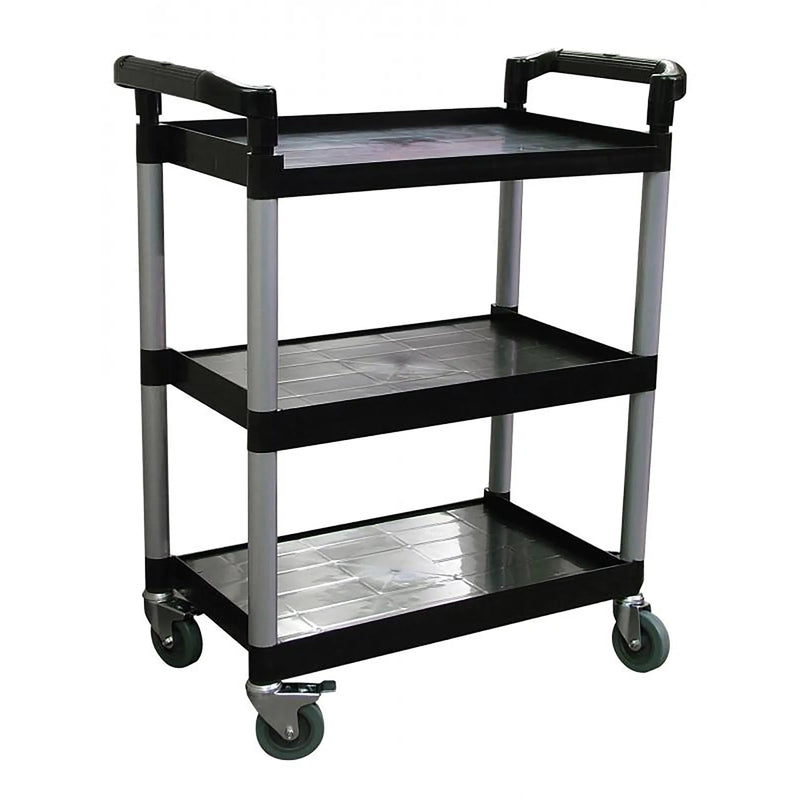 Omcan 24183 black plastic three-shelf utility cart with 165 lb capacity, aluminum posts and swivel casters, angled view