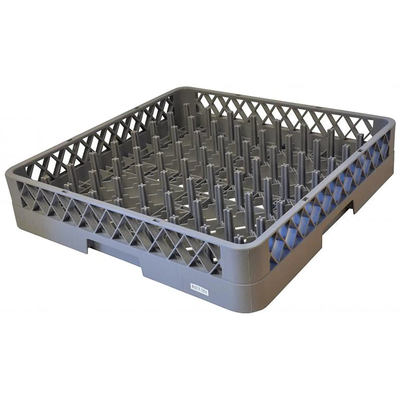 Omcan 33871 full-size grey polypropylene 9x9 peg glass dishwasher rack with open lattice sides, angled view