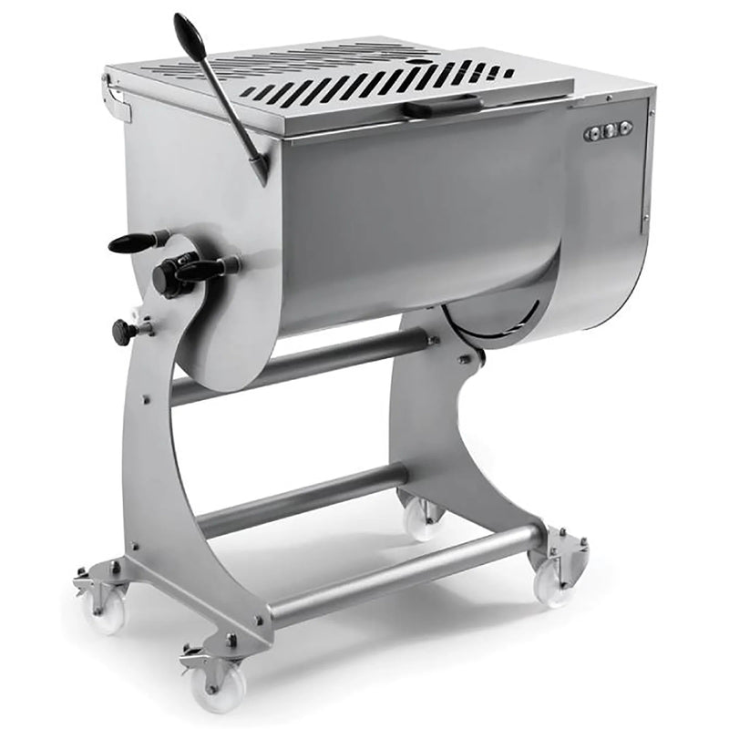 Omcan 37450 heavy duty electric meat mixer, 176 lb capacity, 220V, stainless steel tub with safety grate on casters