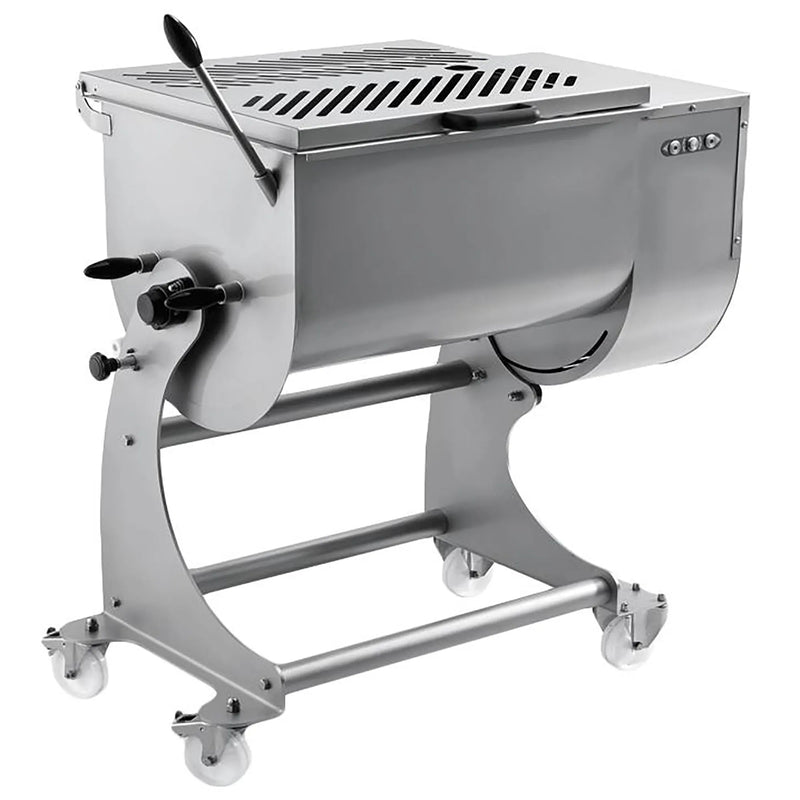 Omcan 37451 heavy duty electric meat mixer, 264 lb capacity, 220V, stainless steel tub with safety grate on casters
