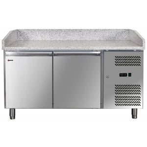 Omcan 39592 59-inch double door refrigerated pizza prep table with granite top and stainless steel cabinet, front view