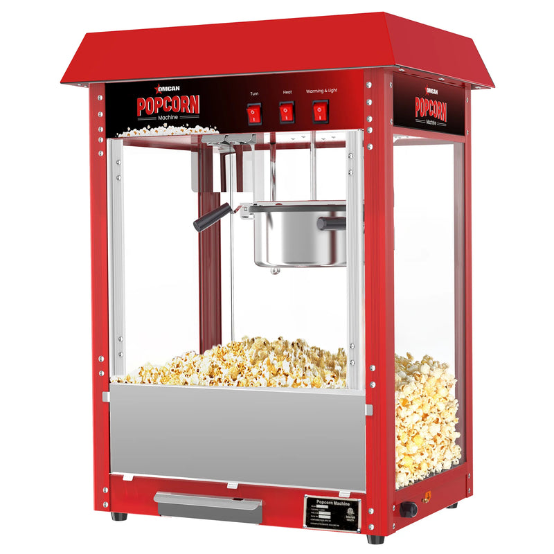 Omcan 40385 countertop popcorn machine with 8 oz kettle, red frame, glass cabinet and popped corn inside