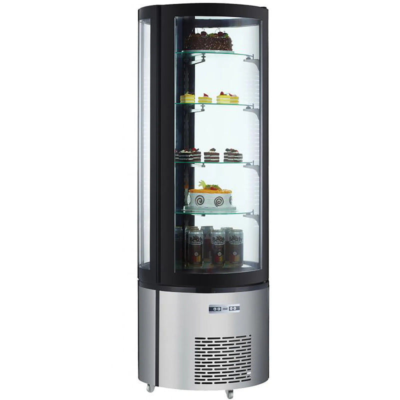 Omcan 40440 round glass 4 tier 27-inch refrigerated cake display case stocked with cakes, black and stainless finish