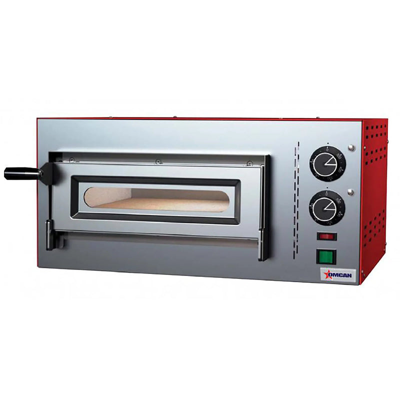Omcan 40634 Compact Series electric 20-inch single deck countertop pizza oven, 220V, stainless steel with red sides