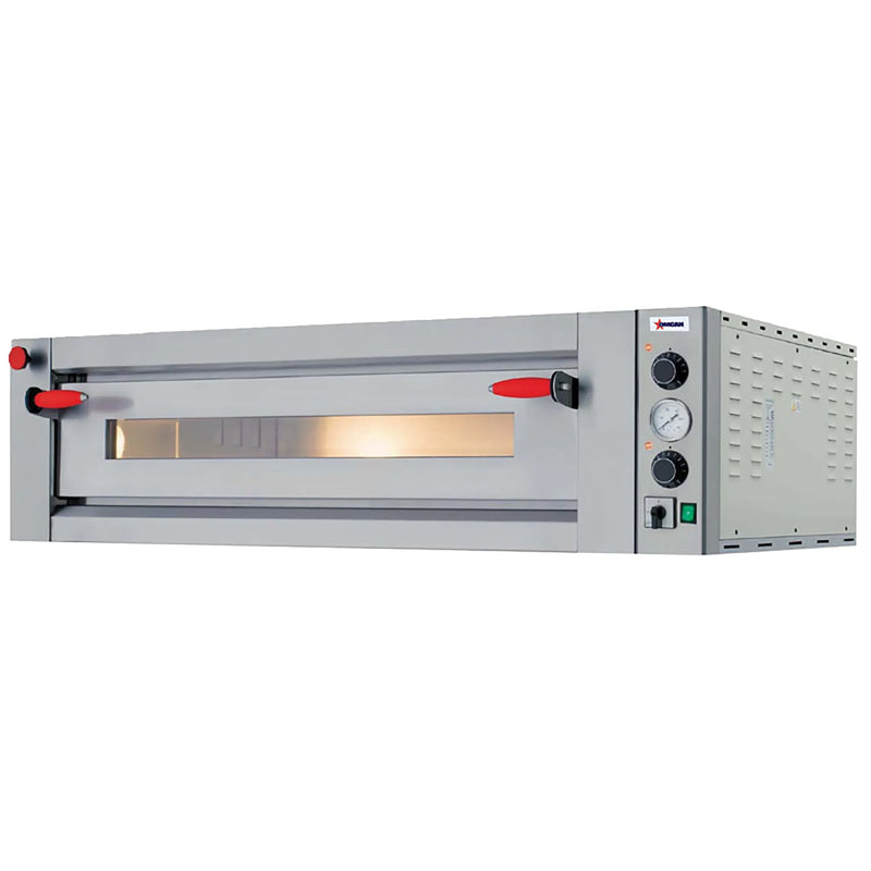 Omcan 40637 Fuoco Series electric 28-inch single deck countertop pizza oven, 220V, stainless steel with red handles