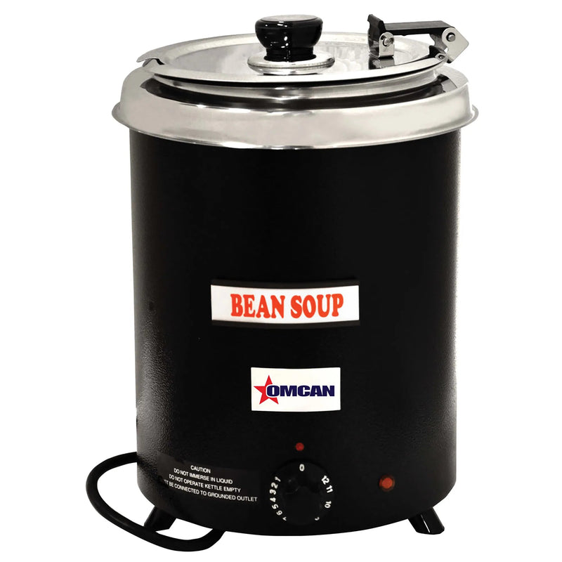 Omcan 41080 black steel 6 qt electric soup kettle with stainless steel hinged lid, front label and temperature dial