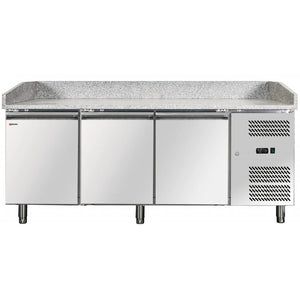 Omcan 41145 80-inch triple door refrigerated pizza prep table with granite top and stainless steel doors, angled view