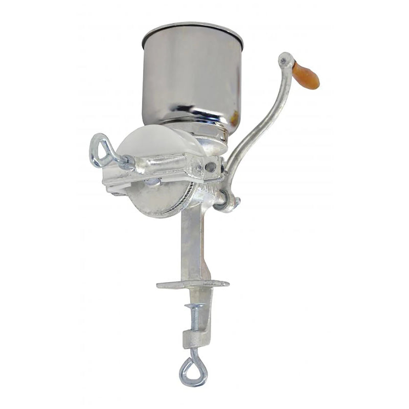 Omcan 41158 manual mill grinder with stainless steel hopper, table clamp mount and wooden hand crank, side view
