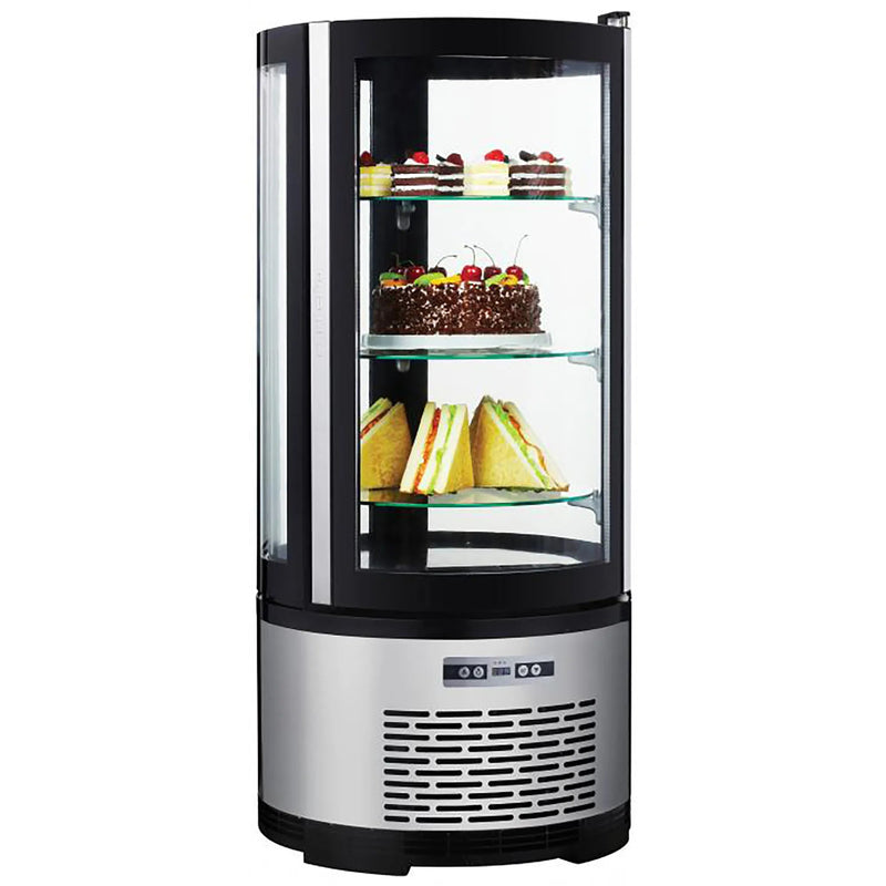 Omcan 41466 round glass 3 tier 19-inch refrigerated cake display case stocked with desserts, front view