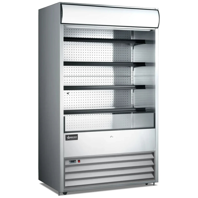 Omcan 41469 stainless steel 48-inch grab-and-go open air refrigerated merchandiser with glass sides, 4 shelves and lit canopy, angled view