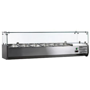 Omcan 41937 refrigerated 59-inch topping rail in stainless steel with glass sneeze guard over the pan wells