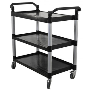 Omcan 43069 black plastic three-shelf utility cart with 198 lb capacity and aluminum posts, angled front view