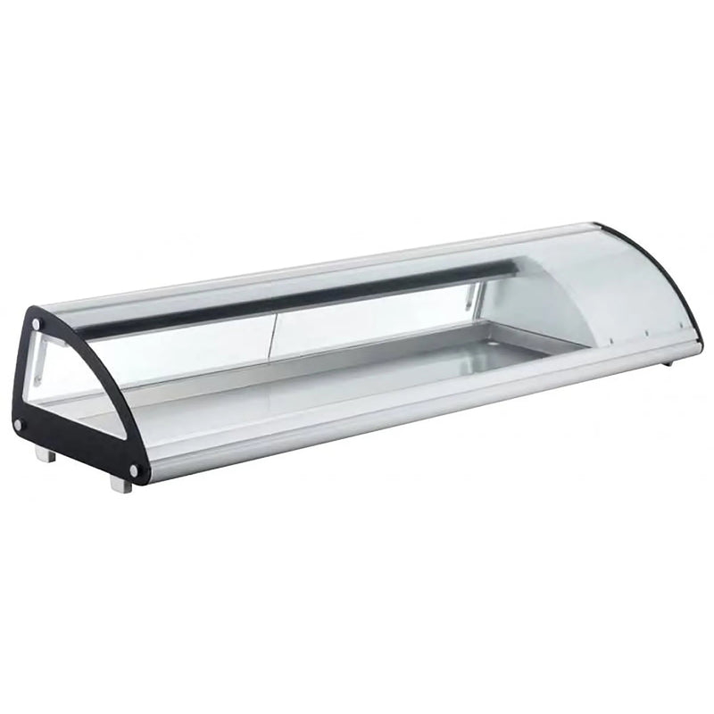 Omcan 43116 refrigerated 69-inch countertop sushi showcase with long curved glass front and black end caps