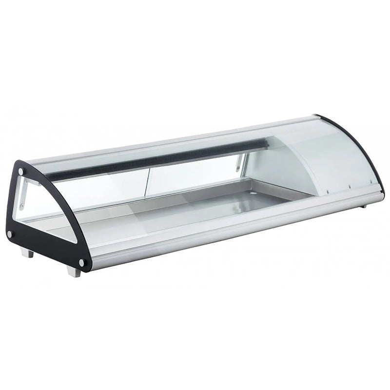 Omcan 43224 refrigerated 52-inch countertop sushi showcase with curved glass front and black end panels