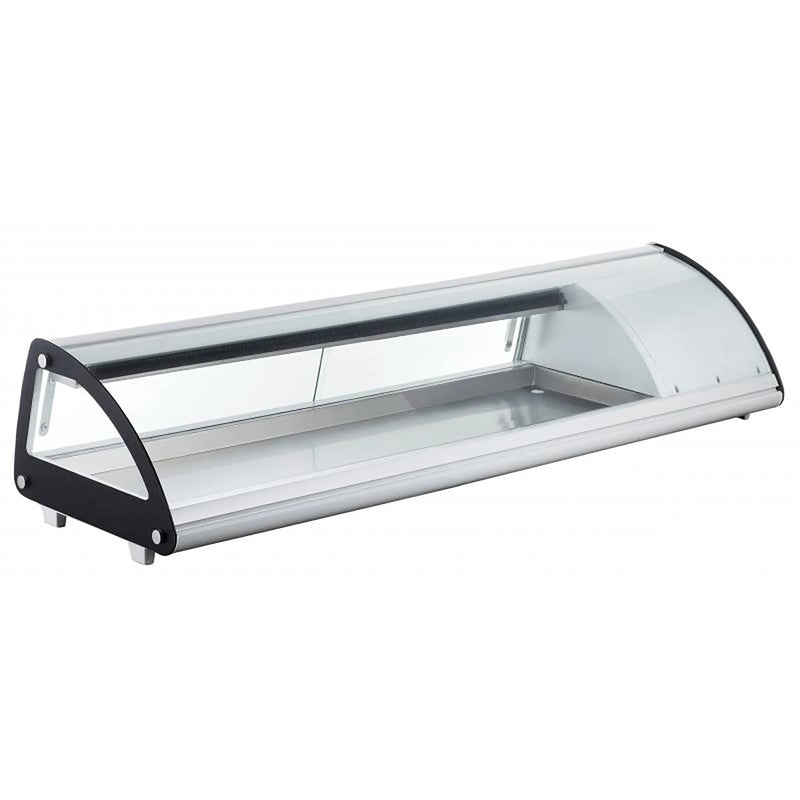 Omcan 43225 refrigerated 58-inch countertop sushi showcase with curved glass cover and stainless steel base