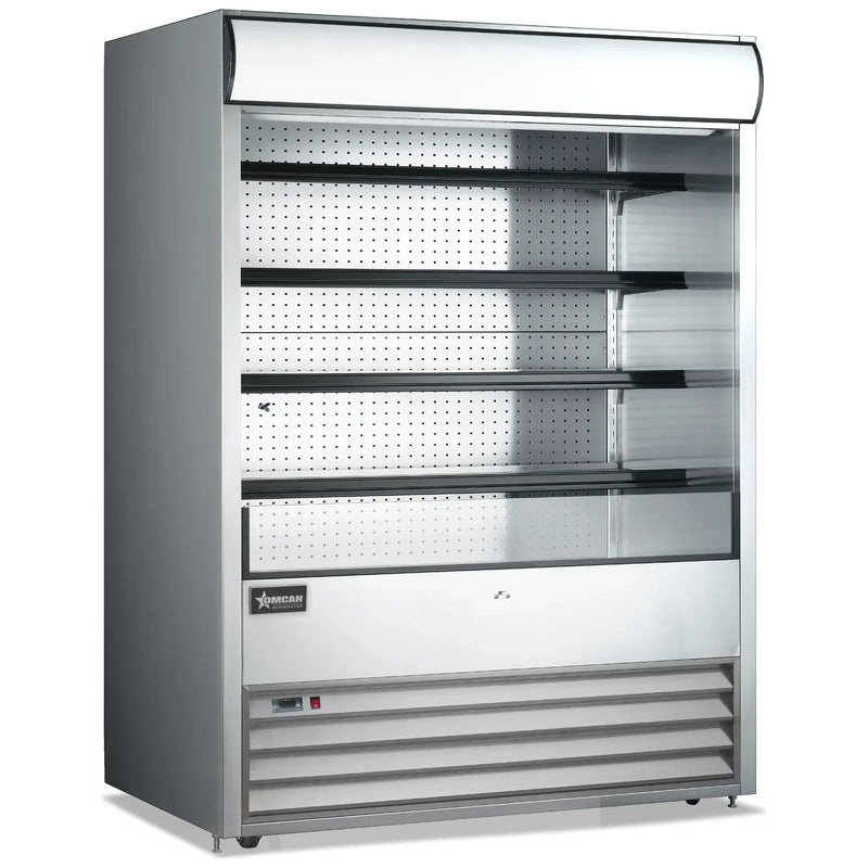 Omcan 43460 stainless steel 72-inch grab-and-go open air refrigerated merchandiser with glass sides, 4 shelves and lit canopy, angled view