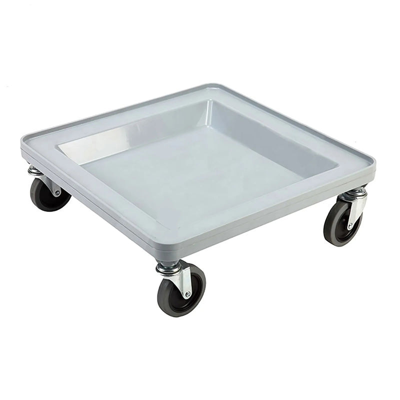 Omcan 44356 grey polypropylene dish rack dolly with 265 lb capacity and four swivel casters, angled view