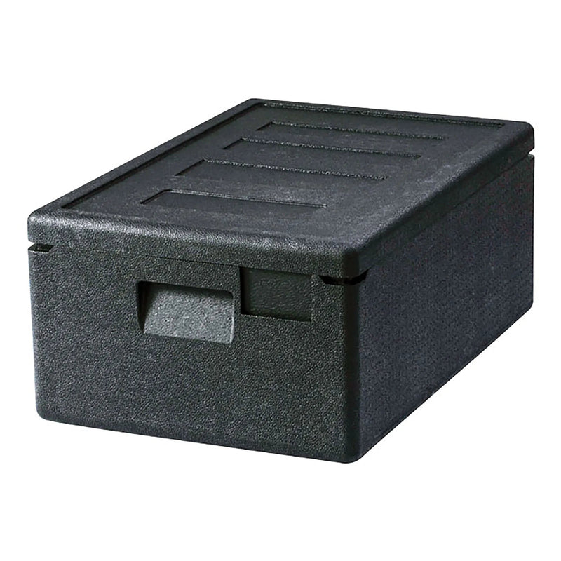 Omcan 44548 full-size insulated food carrier with 21.5L capacity, black top-loading box with lid and hand grips
