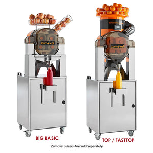 Omcan 45790 stainless steel self service stand shown holding Zumoval Big Basic and TOP/Fasttop juicers, front view