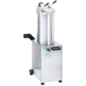 Omcan 45920 hydraulic 48 lb sausage stuffer, 120V, stainless steel cylinder with lid clamps, pressure gauge and wheels