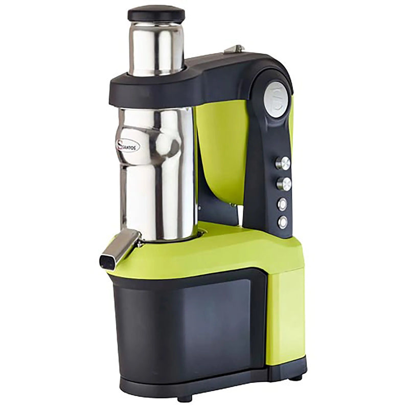 Omcan 45923 cold press juicer with lime green and black body and stainless steel feed chute, angled view