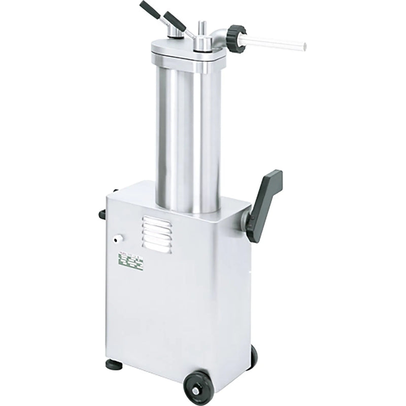 Omcan 45950 hydraulic 26 lb sausage stuffer, 120V, stainless steel cylinder and cabinet on wheels, angled right view