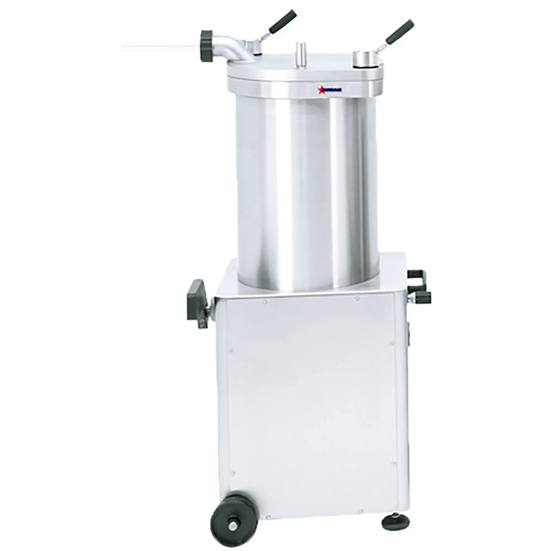 Omcan 45951 hydraulic 95 lb sausage stuffer, 120V, tall stainless steel cylinder on a wheeled base with side lever