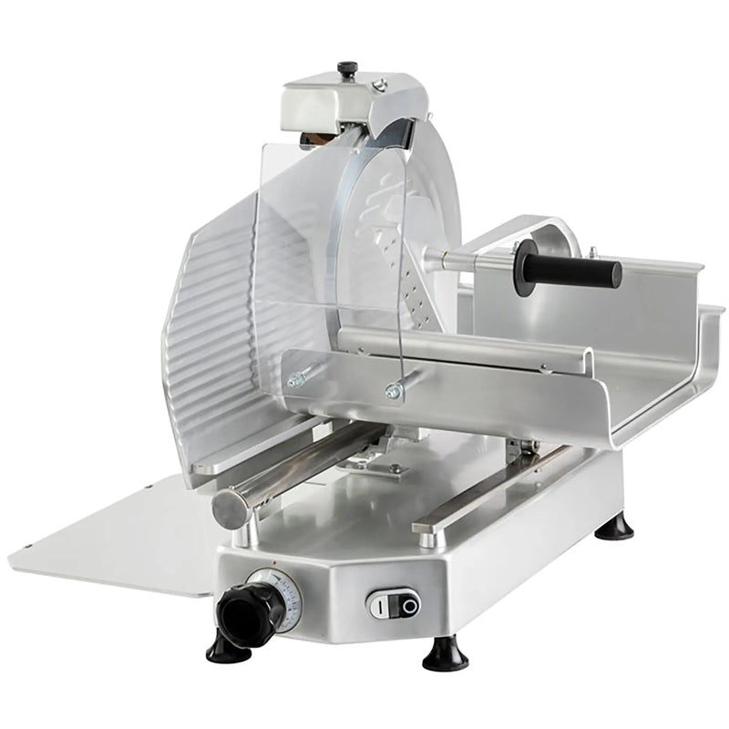 Omcan 46163 manual aluminum meat slicer with 13-inch blade and belt drive, angled view with carriage and blade guard