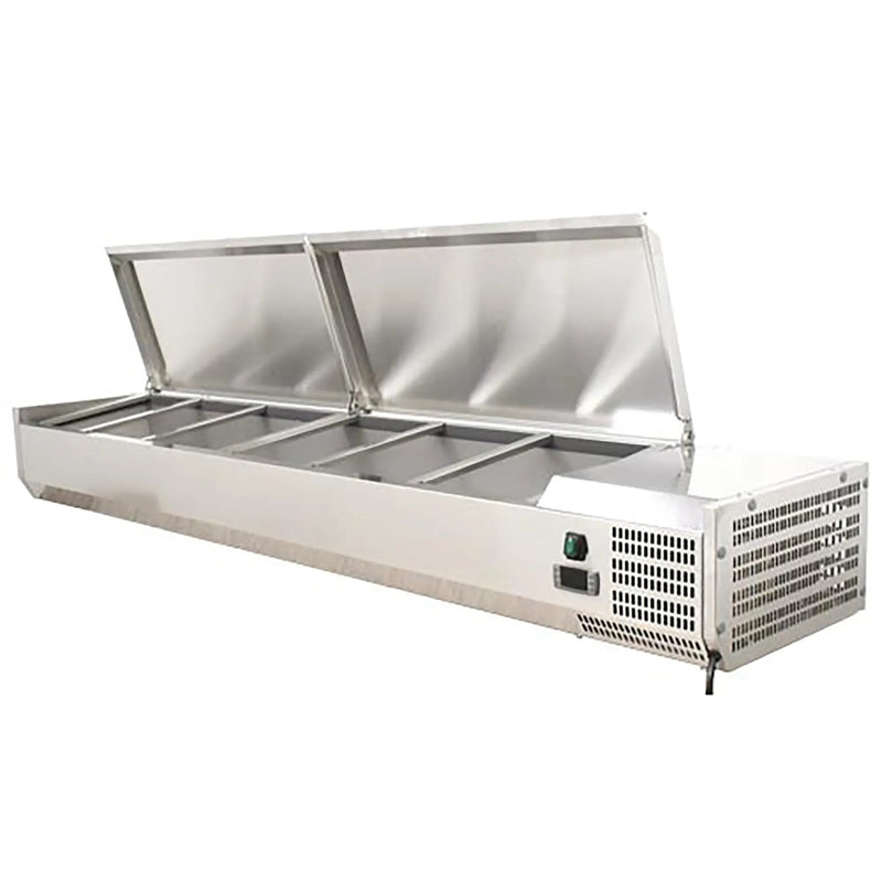 Omcan 46497 refrigerated 78-inch topping rail in stainless steel with two hinged covers open, angled view