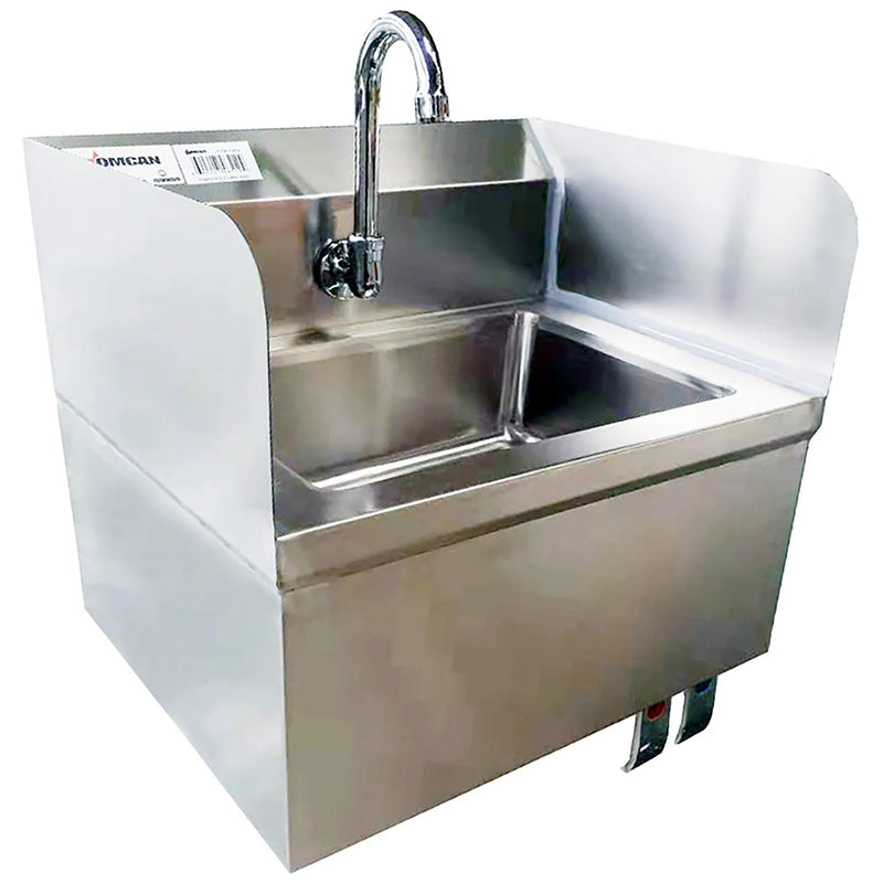 Omcan 46512 stainless steel knee-operated hand sink with side splashes, gooseneck faucet and knee valve paddles