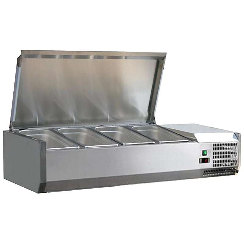 Omcan 46658 refrigerated 46-inch topping rail with stainless steel cover raised showing the pan wells, angled view