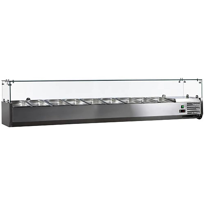 Omcan 46680 refrigerated 79-inch topping rail in stainless steel with long glass sneeze guard, front view