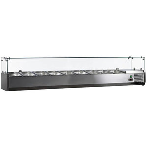 Omcan 46680 refrigerated 79-inch topping rail in stainless steel with long glass sneeze guard, front view