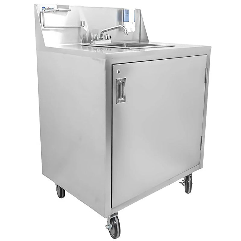 Omcan 46788 portable hand sink with water heater tank and pump, stainless steel cabinet on casters, angled view