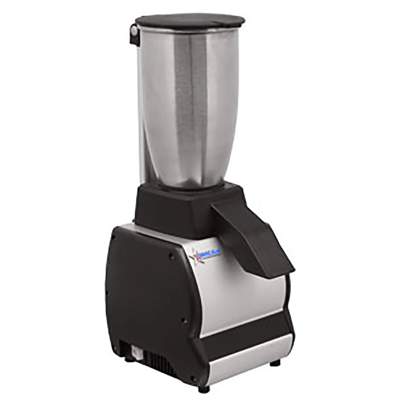 Omcan 47084 ice crusher with stainless steel container on a black and silver base, angled left view