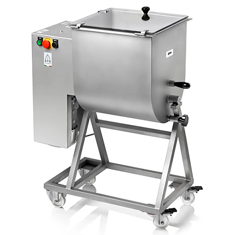 Omcan 47094 stainless steel electric meat mixer, 110 lb capacity, 1.5 HP, 115V, tilting tub with lid on a stand