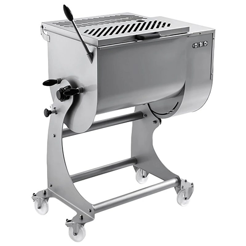Omcan 47134 heavy duty electric meat mixer, 110 lb capacity, 220V, stainless steel tub with safety grate on casters