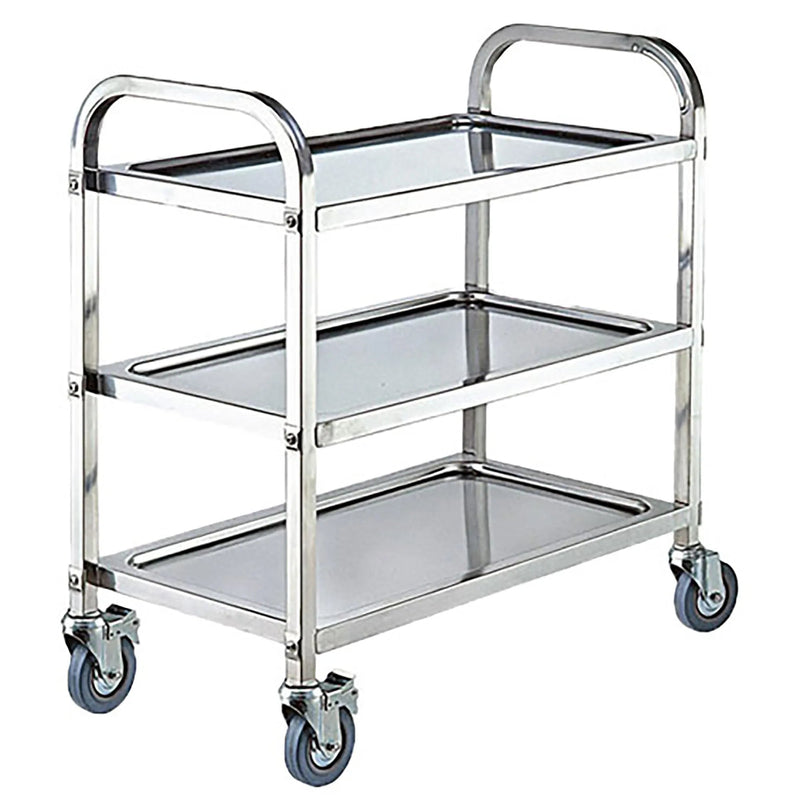 Omcan 47151 stainless steel 20" x 37" three-shelf trolley with tubular frame and swivel casters, angled view