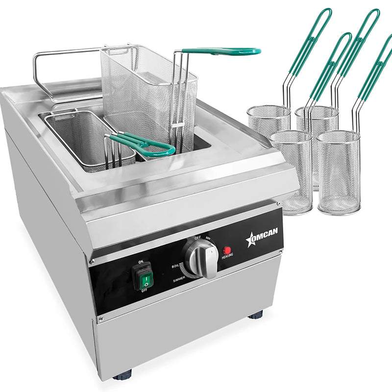Omcan 47503 240V countertop electric pasta cooker, stainless steel with pasta baskets and green-handled strainers