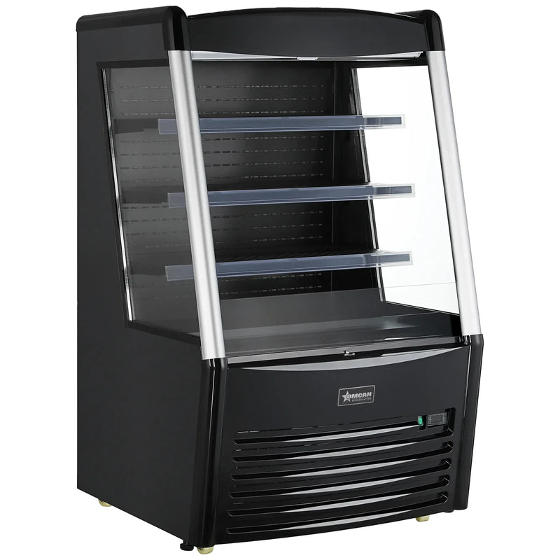 Omcan 47514 black 36-inch grab-and-go open air refrigerated merchandiser with glass sides, 3 shelves and LED lighting, angled view